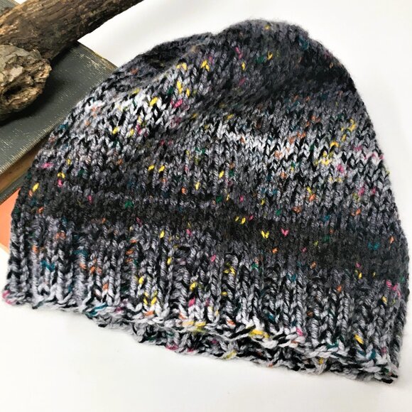 Handknitted Grey Black Tweed Ombré Ribbed Edge Beanie Hat - Picture 3 of 15